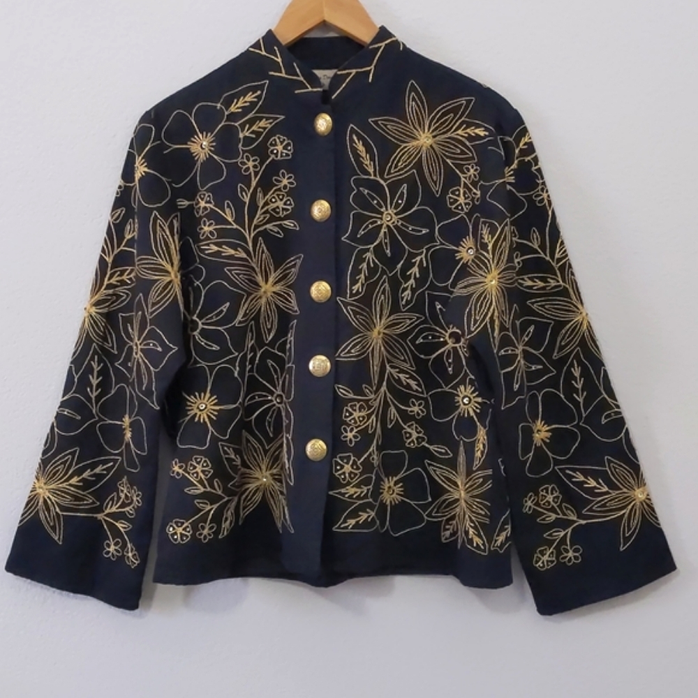 Vintage New Direction Collarless Floral Embroidered Jacket, Black / Gold, Large